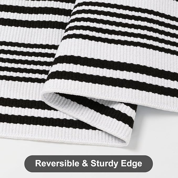 Outdoor Front Door Mat 3'x5', Black and White Cotton Hand Woven Striped Rug,Reversible Washable Front Porch Rug, Foldable Layered Doormat for Entryway/Home Entrance/Farmhouse