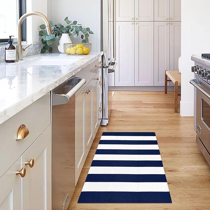 KOZYFLY Striped Outdoor Rug 27.5x43 Inches Front Door Rug Navy and White Woven Cotton Washable Outdoor Doormats Outdoor Entrance Mat for Front Door Entryway Patio Front Porch