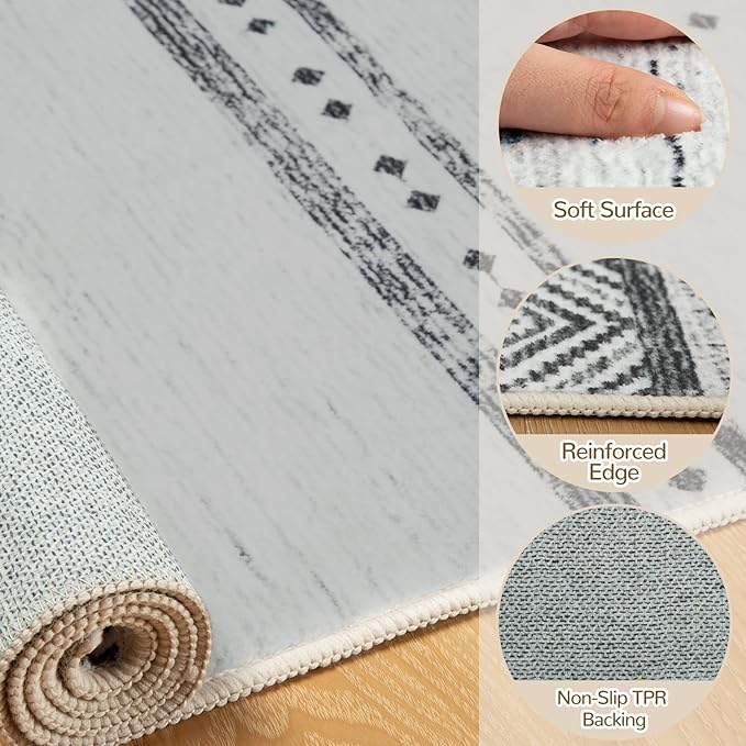 BESTSWEETIE 2x10 Area Rugs for Living Room Washable Moroccan Farmhouse Neutral Geometric Low Pile Non-Slip Soft Print Pattern Rug for Bedroom Kitchen Dining Room Entryway Grey/Black/Navy