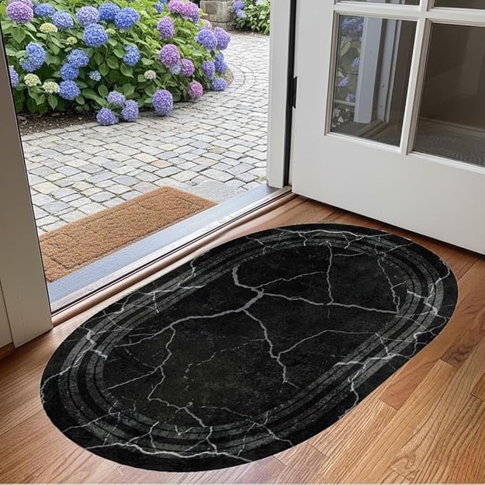 Black Grey Striped Texture Bordered Rugs 12x14 Modern Minimalist Indoor Large Area Rug for Living Room Bedroom Dining Room Soft Faux Wool Non Slip Floor Mats Entrance Bathroom Home Office Oval Carpet