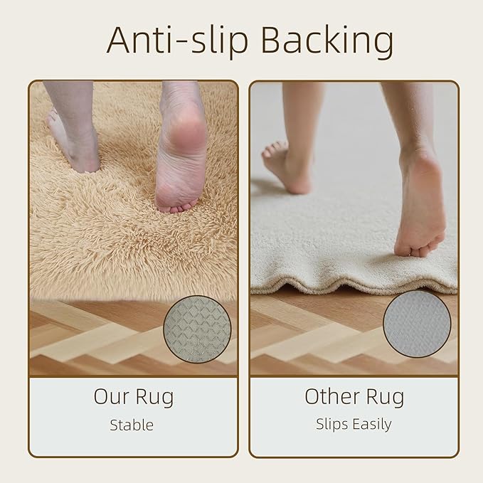 4x4 Round Solid Fluffy Camel Area Rug – Washable, Durable, Circle Bedroom Rug, Non-Slip High Pile Shag Rugs for Living Room, Bedside, Dorms, Nursery Rooms, Kids Room, Soft Indoor Floor Carpet