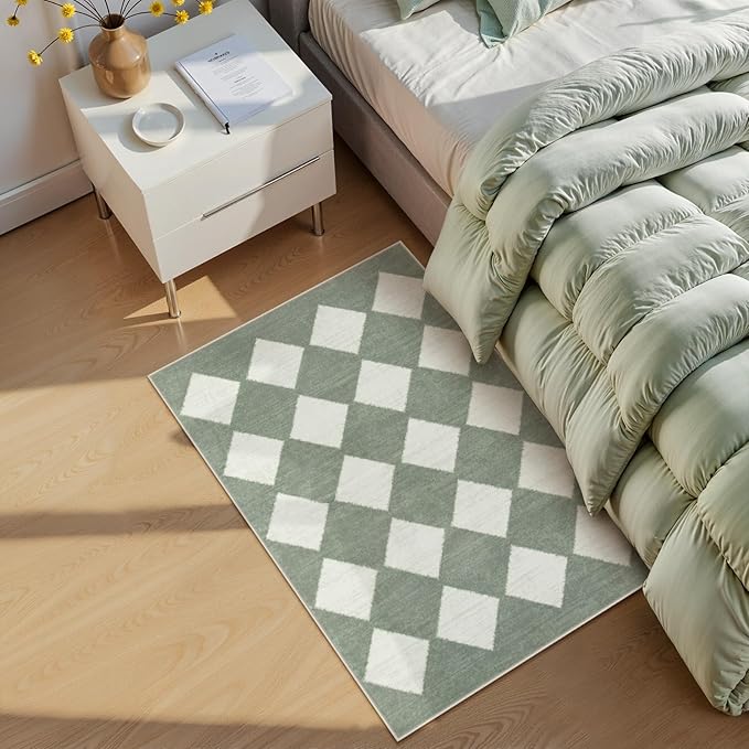Lahome Checkered Washable 2x3 Green Kitchen Rugs Non Slip, Small Printed Indoor Door Mat for Entryway, Moroccan Trellis Ultra-Thin Throw Carpet for Bedroom Laundry Entrance Decor (2'x3',Green)