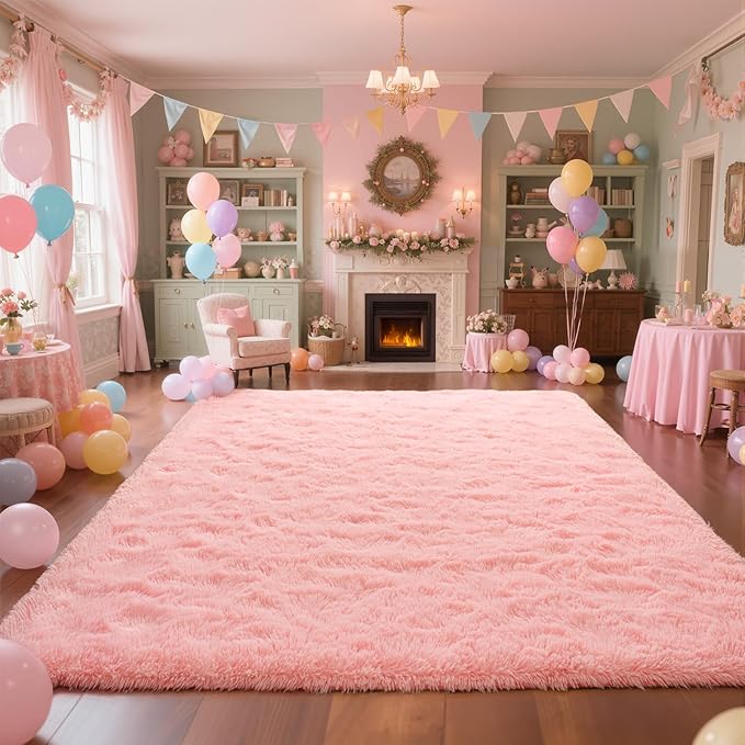 Zentavio Pink Rugs for Girls Room 8x10 Large Area Rugs for Living Room Cute Carpet for Bedroom Washable Soft Fluffy Shag Aesthetic Plush High Pile Rug for Nursery Kids Room Dorm Room