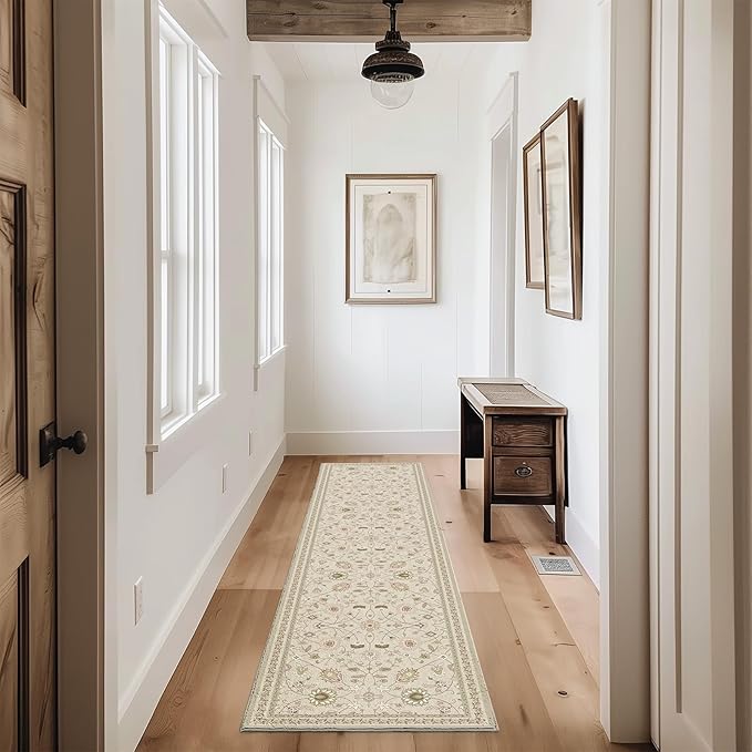 EVERGRACE Hallyway Area Runner Rugs 2x8, Boho Floral Faux Wool Indoor Outdoor Rugs, Washable Rugs for Bedroom Dining Room Living Room Kitchen, Low Pile Floor Mat Carpet for Home Decor, Natural Beige