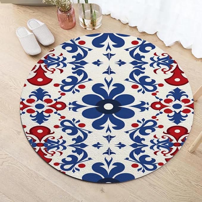 Vintage Blue Flowers Washable Round Rugs Oriental Tribal Floral Circle Rugs for Living Room Entryway Round Area Rug Soft Non Slip Nursery Carpet for Bedroom Dining Coffee Table 7ft