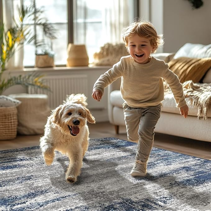 Bavni Area Rugs 9x12 Living Room, Modern Machine Washable Rugs Non-Slip, Modern Soft Large Rug for Bedroom, Dining Room, Office, Playroom, Blue/Ivory