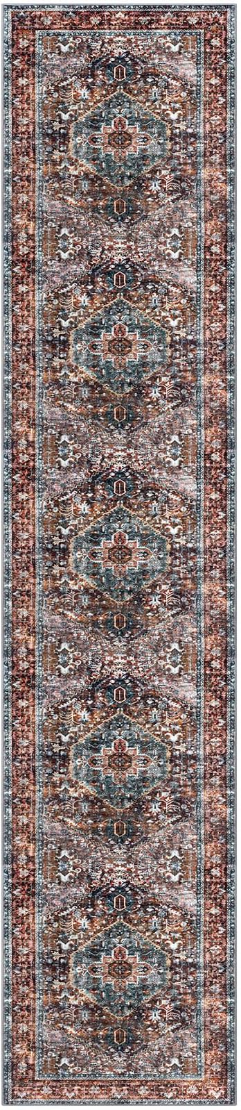 KOZYFLY Runners for Hallways 2x12 Ft Washable Kitchen Runner Rug Boho Long Runner for Entryway Indoor Printed Faux Wool Carpet for Bedroom Kitchen Hall, Brick Red/Orange/Green