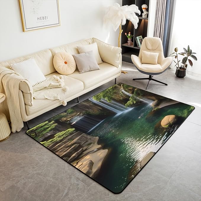 Waterfall Large Area Rug 5x7 Lake Cascade Scenery Living Room Rug | Chic Nature Art Mountain Rock Rugs for Bedroom, Sault Landscape Carpet Indoor Floor Mat