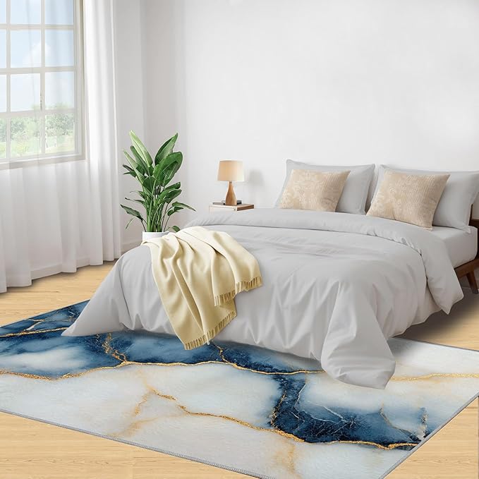 4x5 Abstract Marble Indoor Outdoor Rug - Blue-White-Marble Bedside Rug, Luxury Stone Pattern Washable Entry Way Rugs Kids Carpet for Inside House Playroom Living Room End Table Nursery