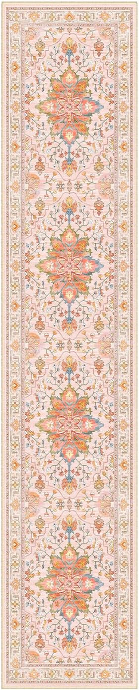 Area Rugs 2'6''x12' Washable Non-Slip, Floral Vintage Distress Print Pattern Medallion Carpet for Living Room Bedroom Dining Room, Light Pink Colorful