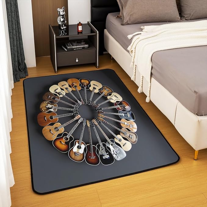 Round Guitar Large Area Rug 5x7 Musical Instruments Living Room Rug | Music Notes Modern Rock Rugs for Bedroom, Grunge Hip Hop Carpet Indoor Floor Mat
