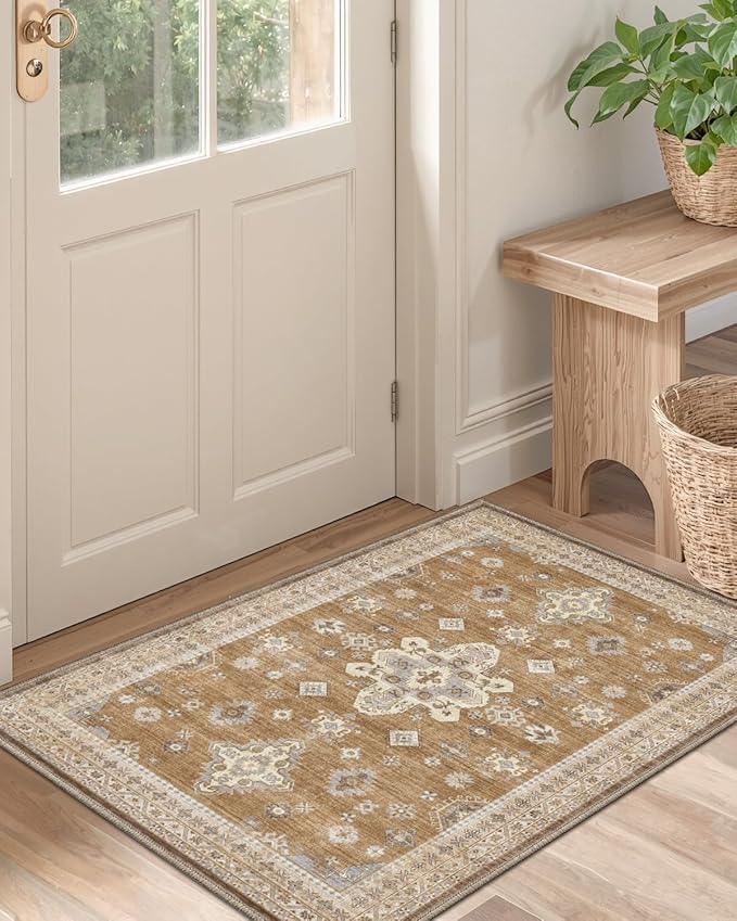 DEXI Area Rugs for Entryway 2'8"x4', Washable Low Pile Vintage Traditional Entry Rug Non Slip, Indoor Door Mat for Bedroom Kitchen Entrance Hallway, Light Brown