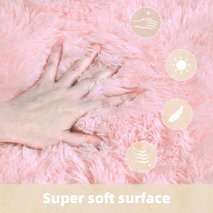 8x10 Solid Fluffy Pink Area Rug – Washable, Durable, Extra Large Living Room Rug, Non-Slip High Pile Shag Rugs for Bedroom, Playroom, Nursery Rooms, Kids Room, Soft Indoor Floor Carpet Decor
