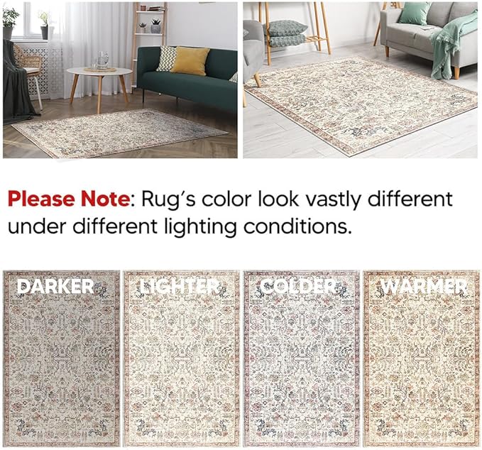 Keen Home Design 8x10 Rug - Machine Washable Area Rug with Non-Slip Backing, Ideal for Living Room, Dining Room, Bedroom - Vintage, Easy Clean, Durable, Low Pile Rug - (8' x 10')