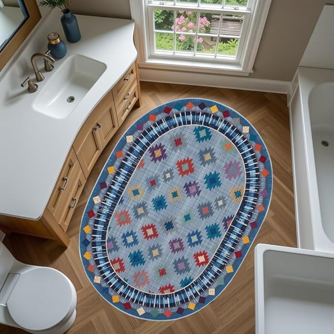Funky Vintage Blue Red Orange Geometric Texture Indoor Area Rug for Living Room Bedroo Dining Room Faux Wool Soft Low Pile Oval Rugs 5x7 Entrance Nursery Farmhouse Rustic Country Home Office Carpet