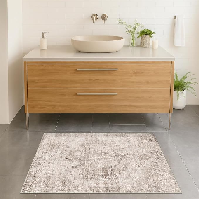Light Brown 2x4 Runner Rug for Entryway Indoor, Kitchen Floor Waterproof, Bathroom, Powder Room, Washable Non Slip Low Pile Stain & Fade Resistant, Modern Eclectic Tan Décor