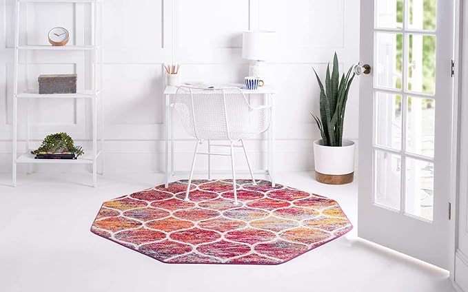 Rugs.com Lattice Frieze Collection Rug – 4' Octagon Multi Medium Rug Perfect for Living Rooms, Kitchens, Entryways