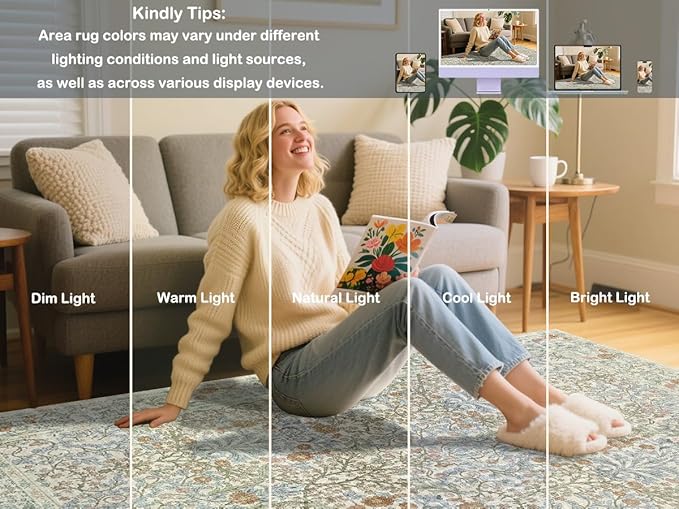 Area Rug for Living Room, 10x12 Large Washable Rugs for Dining Room, Bedroom, Non Slip Stain Resistant Carpet, Low Pile Vintage Floral Rug (Beige Blue)