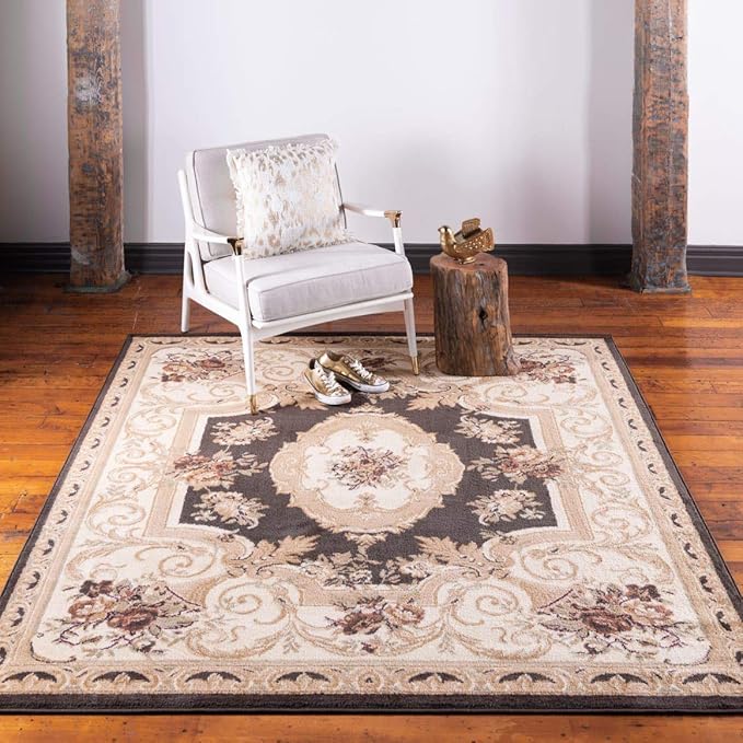 Unique Loom Versailles Collection Traditional Classic Floral Motif Area Rug (10' 0 x 10' 0 Square, Brown/ Ivory)