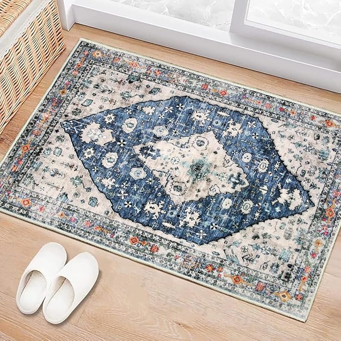 Boho Vintage Oriental Entry Rugs for Entrance Non-Slip Washable Tribal Small Area Rug,Ultra Soft Bohemian Floral Medallion Low-Pile Indoor Front Door Mat for Bedroom Kitchen Bathroom 16" x 24"