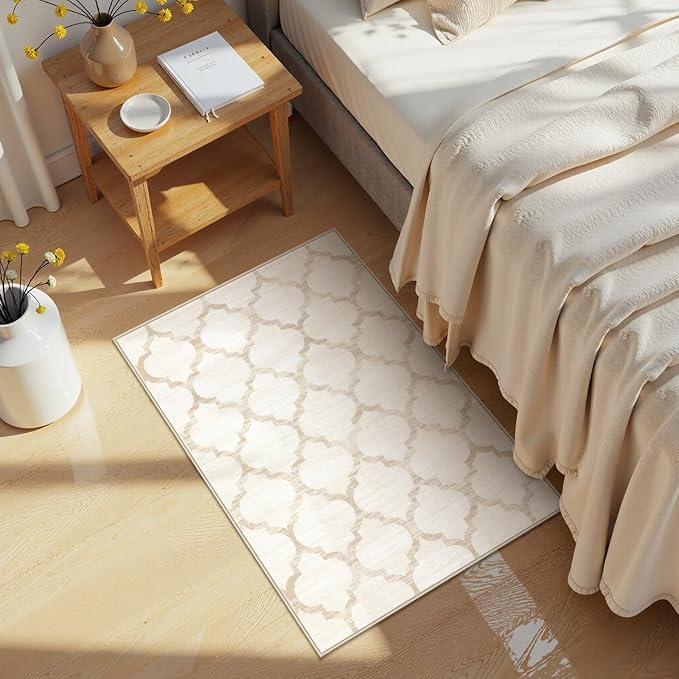 Lahome Moroccan Washable Rugs 2x3 - Small Area Rug 2x3 Non-Slip Kitchen Rug Soft Throw Non-Shedding Bedroom Rug Bath Mat Ivory Distressed Doormat Entry Way Rugs Indoor for Kids Nursery Room Bedside
