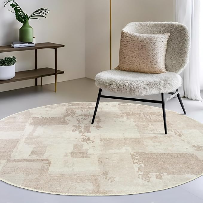 GLN Rugs Contemporary Collection - Machine Washable Area Rug, Contemporary Washable, Non Slip, Low Pile Chenille Rug, Living Room, Bedroom, Kitchen Rug (5'3" Round Abstract Tan)