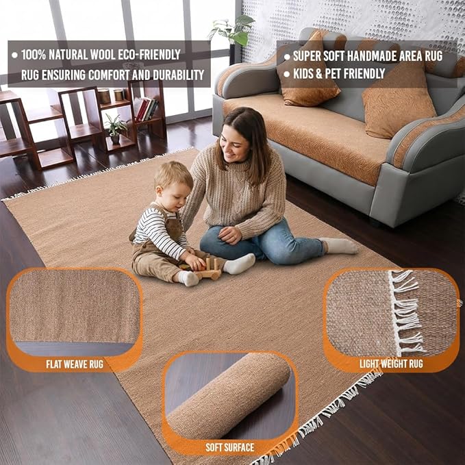 Rugsotic Carpets Hand Woven Flat Weave Kilim Wool ECO-Friendly Area Rugs - 10'x13', Rectangle Shape, Light Brown Color, Solid Plain Design, Low Pile Handmade Rugs for Living Room (D00111)