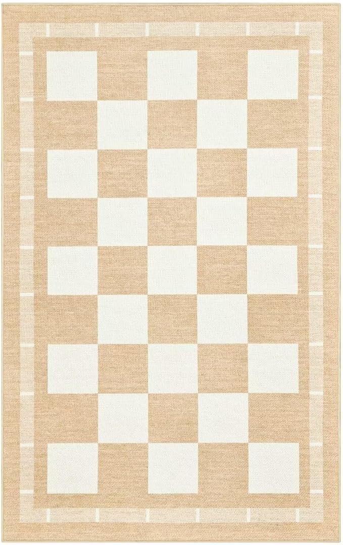 Vasofe Washable Small Entry Rug, 2x3 Checkered Jute Rugs Outdoor Indoor Front Door Mat, Non-Slip Bedroom Entrance Doorway Kitchen Mats, Plaid Farmhouse Porch Carpet, Khaki and White
