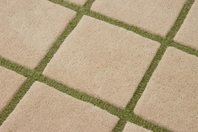 Scalloped Border Wool Area Rug with Windowpane Grid, Hand-Tufted, Beige-Blush with Sage Lines & Light Purple Edge - Soft High-Low Pile for Living Room, Bedroom, Nursery - 9x13 Ft