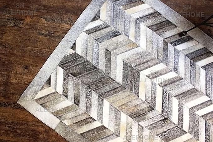 Chevron Pattern Faux Cowhide Area Rug | Non-Slip Leather Carpet for Living Room, Bedroom, and Office | Modern Designer Rug for Home Décor(8x10 ft_Grey)