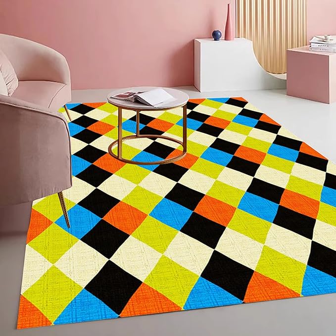 Vibrant Geometric Diamond Texture Rug for Living Room Bedroom Diningroom Playroom Home Office Modern Deco Washable Non Slip Playroom Nursery Room Large Carpet Black and Blue Green 9x12 Mat
