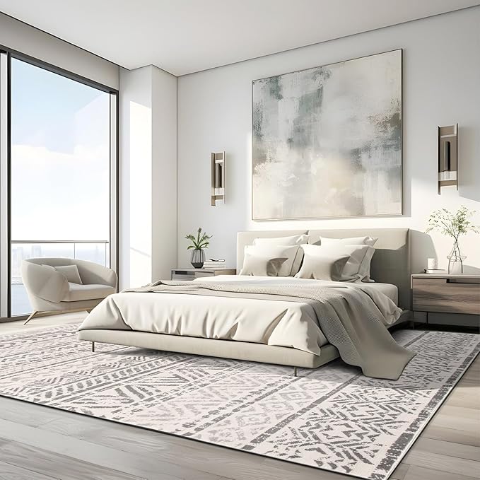 Rugshop Geometric Boho Large Area Rug – Gray Tribal Pattern, Perfect for Living Room, Bedroom, Dining Room, 9' x 12'