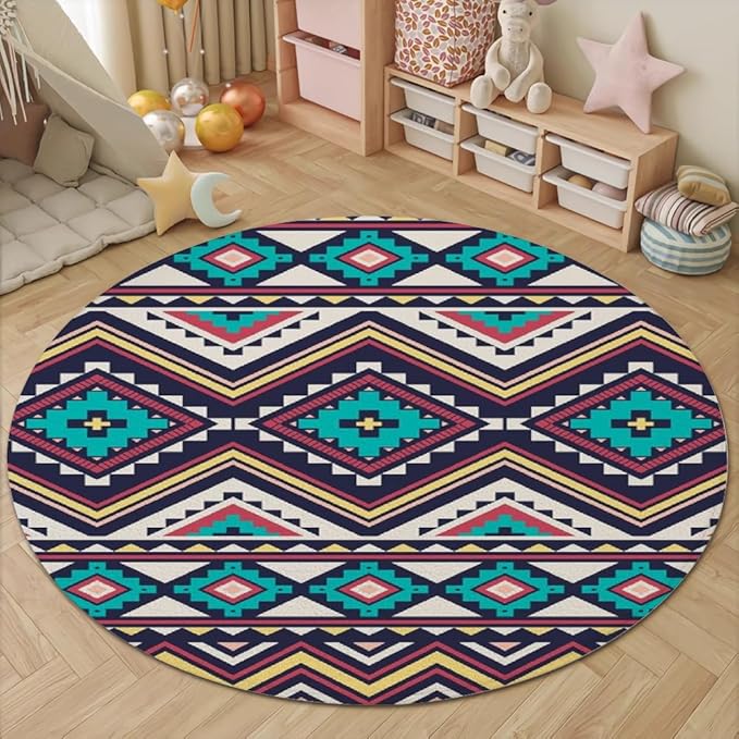 Native Tribal Geometry Round Rug Vintage Blue White Living Room Bedroom Area Rug Non Slip Soft Low Pile Washable Indoor Floor Carpet for Dining Room Kitchen Office Entryway 5ft