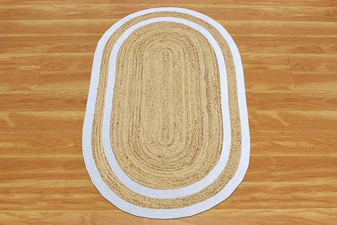 Oval Runner 2.6x18 Kilim Jute Runner Natural Oval Thick 0.27" Solid Design Beige White Hand Braided Jute Flatweave Mat Handmade Boho Indoor Outdoor Rugs for Hallway Enterway Staircases Corridor
