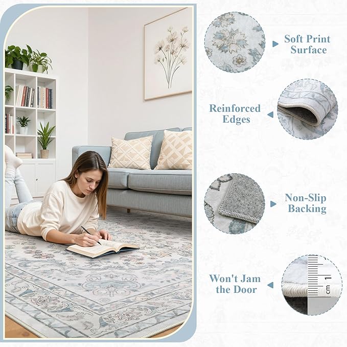 Wonnitar Floral 8x10 Washable Rug, Blue Rug for Bedroom Nursery Decor, Ultra-Thin Large Non-Slip Soft Boho Vintage Distress Print Carpet for Living Room Kids Playroom Office