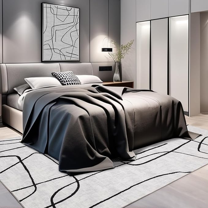 YIHOUSE 5x7 Washable Living Room Rug - Modern Abstract Black and White Area Rug Non-Slip for Bedroom Home Office (Abstract, 5'x7'ft)
