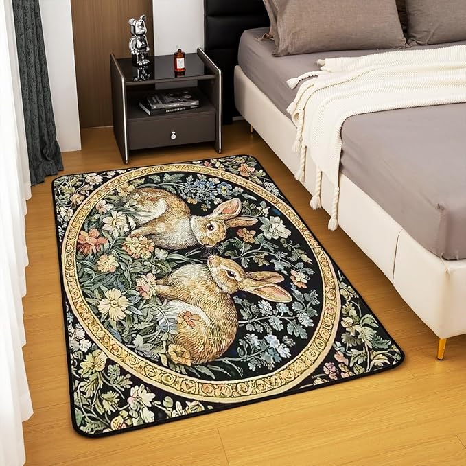 Rustic Rabbits Large Area Rug 5x7 Country Plant Leaves Floral Living Room Rug | Vintage Farmhouse Style Farm Animals Rugs for Bedroom, Cute Rabbit Botanical Carpet Indoor Floor Mat
