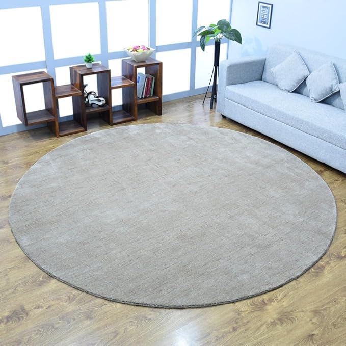 Hand Knotted Loom Wool ECO-Friendly Area Rugs - 10'x10', Round, Beige Color, Solid Plain Design, High Pile Thick Handmade Anti Skid Area Rugs for Living Room, Bed Room (L00111)