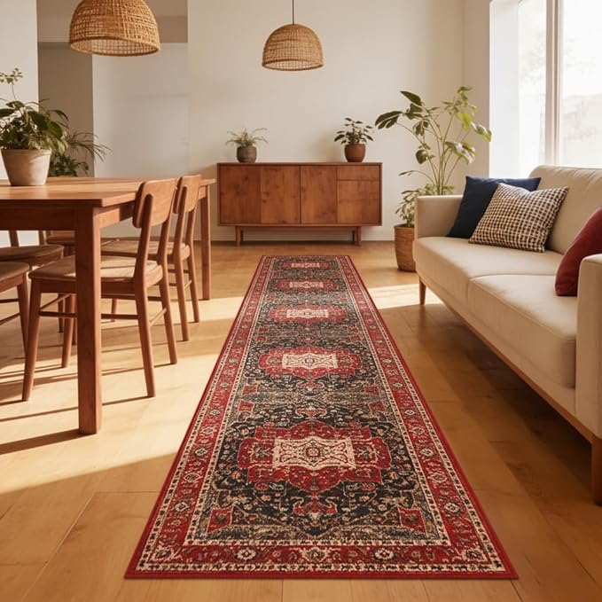 Enkor Runner Rugs for Hallway, 2.6x13 Washable Soft Boho Non Slip Floor Rugs for Kitchen, Modern Mat for Living Room Bedroom Entryway Red & Blue