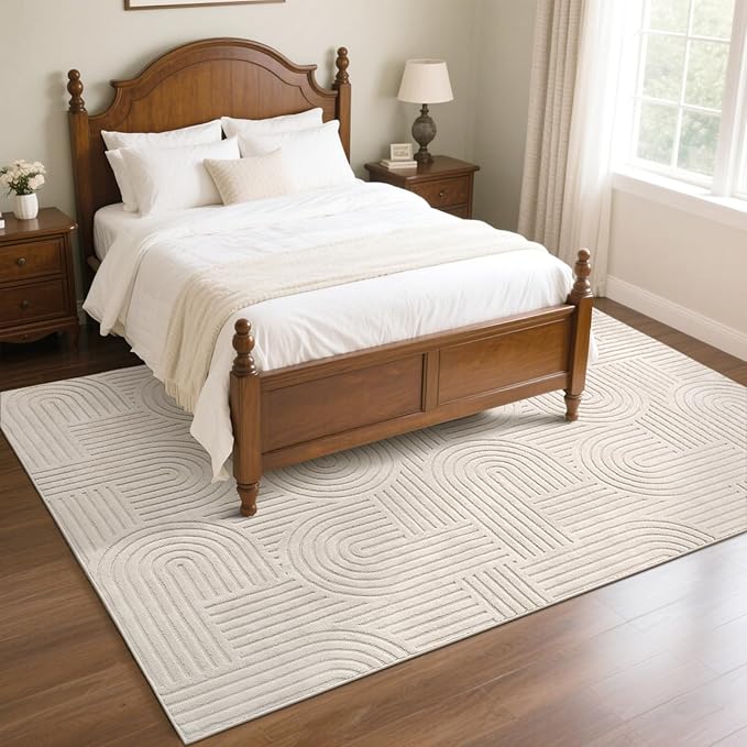 SHACOS Soft Cozy Fluffy Arch Pattern High-Low Pile Area Rugs 8'x10' Large Non Slip Washable Modern Geometric Rug Scandinavian Minimalist Carpet for Living Room Bedroom Dining Room, Beige
