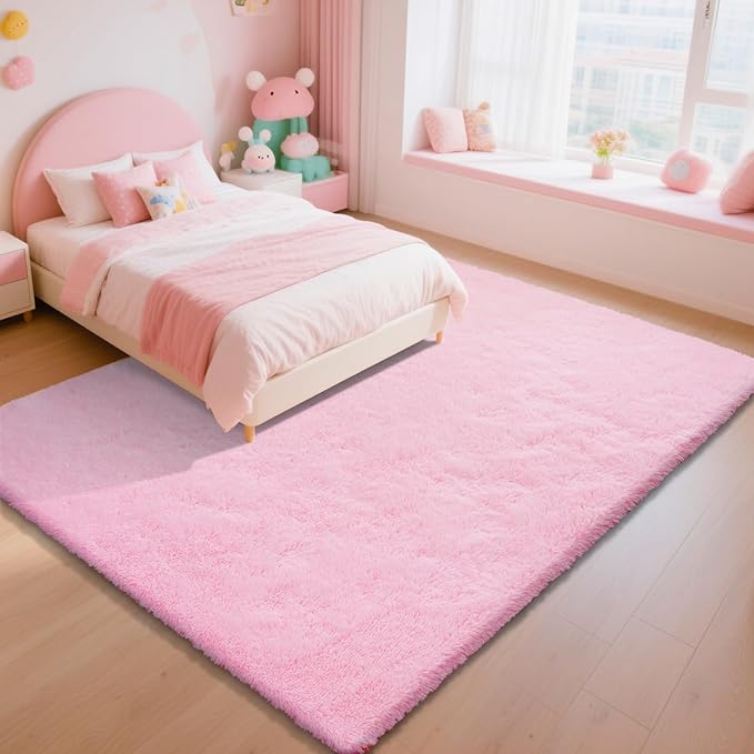 Pink Fluffy Rug Shaggy Area Rug, 6x9 Area Rugs for Girls Bedroom, Big Soft Shaggy Bedside Non-Slip Plush Dorm Nursery Kids Carpet Home Decor Aesthetic