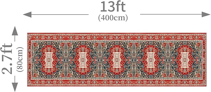 Enkor Runner Rugs for Hallway, 2.6x13 Washable Soft Boho Non Slip Floor Rugs for Kitchen, Modern Mat for Living Room Bedroom Entryway Red & Blue