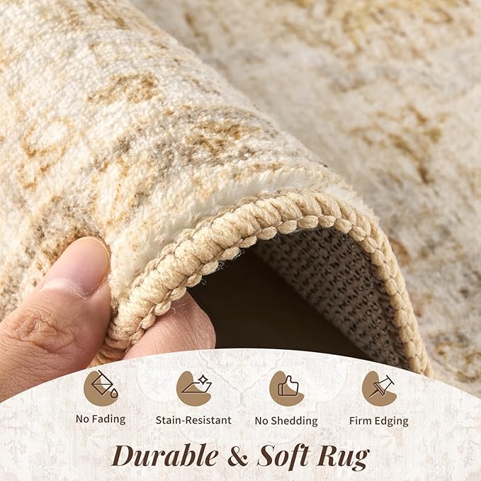 tchdio 8x10 Area Rugs for Living Room, Vintage Non Slip Washable Rug, Soft Low Pile Neutral Area Rug Large Floor Indoor Carpet for Bedroom, Dining Room, Office (Beige, 8'x10')