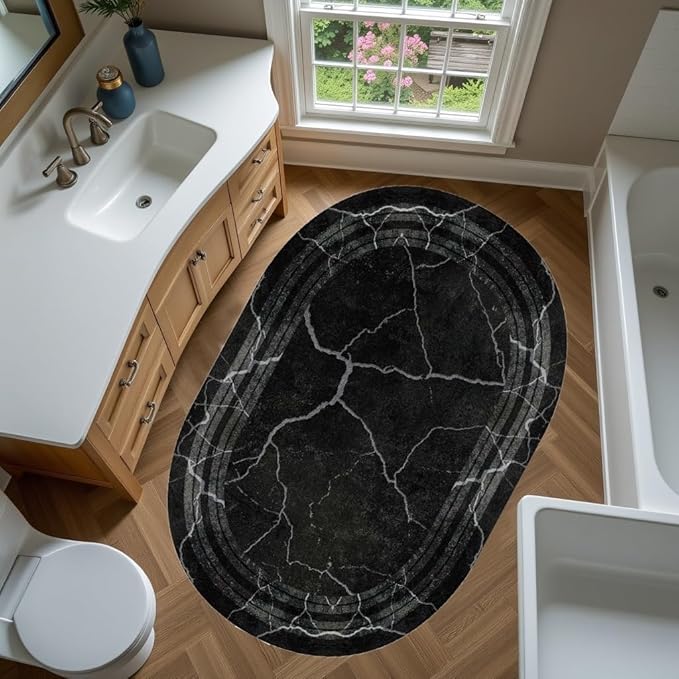 Black Grey Striped Texture Bordered Rugs 12x15 Modern Minimalist Indoor Large Area Rug for Living Room Bedroom Dining Room Soft Faux Wool Non Slip Floor Mats Entrance Bathroom Home Office Oval Carpet