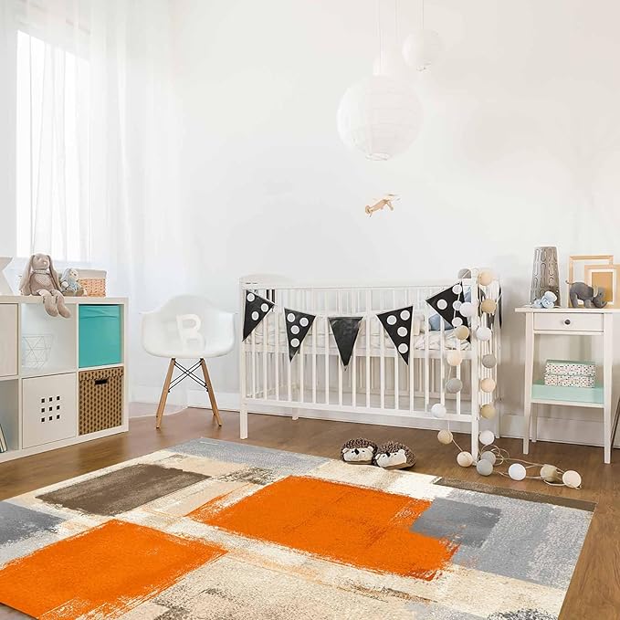 Orange Rectangular Area Rugs for Living Room Bedroom 2.8 x 5 ft Abstract Paint Texture Modern Art Non-Shedding Soft Low Pile Rug Non Slip Washable Rug for Nursery Entryway Playroom