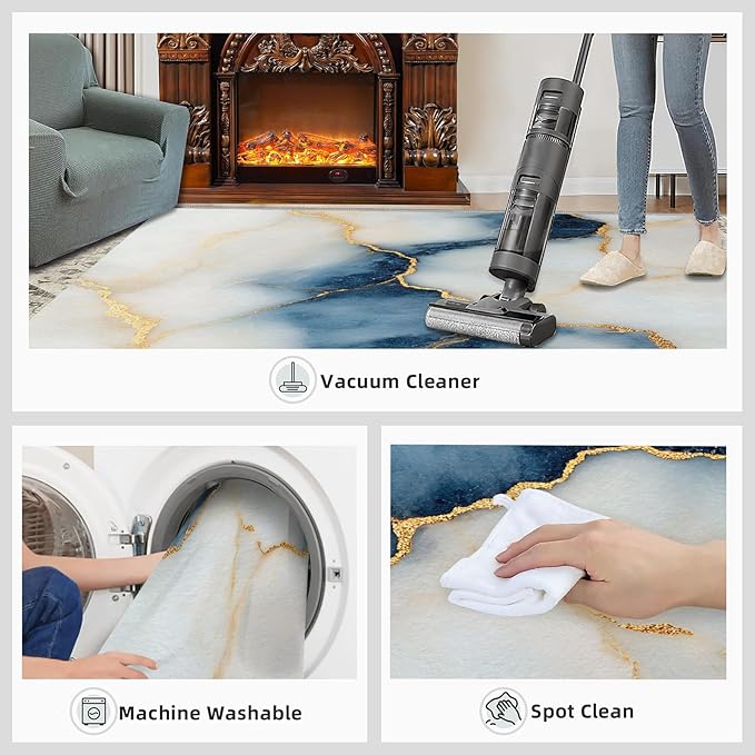 4x5 Abstract Marble Indoor Outdoor Rug - Blue-White-Marble Bedside Rug, Luxury Stone Pattern Washable Entry Way Rugs Kids Carpet for Inside House Playroom Living Room End Table Nursery