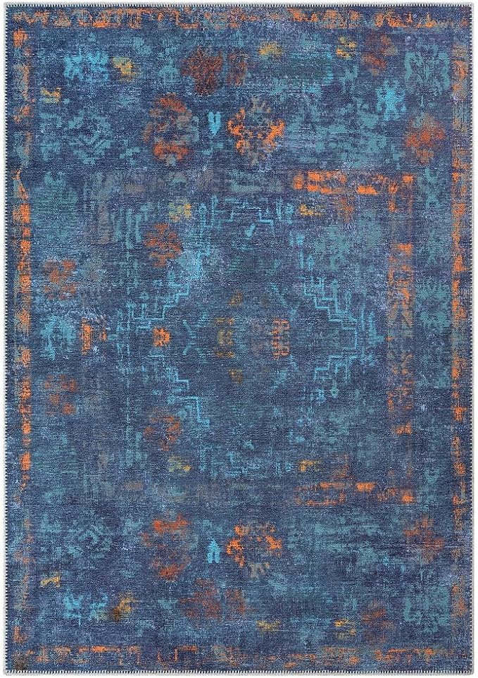 GLN Rugs Contemporary Collection - Machine Washable Area Rug, Contemporary Washable, Non Slip, Low Pile Chenille Rug, Living Room, Bedroom, Kitchen Rug (3' x 5' Midnight/Multi)