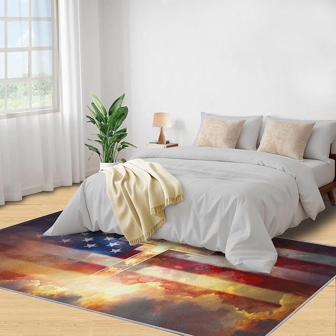 5x6 American Flag Rugs for Office - Stars Stripes Living Room Carpet, Independence Day Bedroom Area Rug Kids Low Pile Rug for Indoor Outdoor Hardwood Floors Home Decor