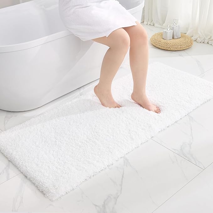 White Bathroom Runner Rug 24x70 Non Slip Fluffy Long Bath Mat for Bathroom Floor Washable Plush Luxury Bath Rug for Tub Absorbent Bathroom Shower Sink Mat Bedside Rug