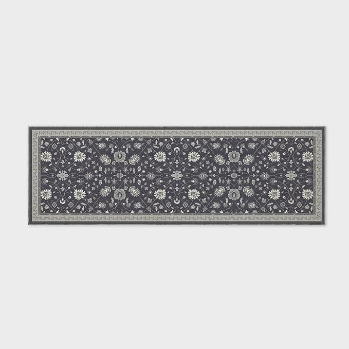 EVERGRACE Hallyway Area Runner Rugs 2x6, Boho Floral Faux Wool Indoor Outdoor Rugs, Washable Rugs for Bedroom Bathroom Living Room Kitchen, Low Pile Floor Mat Carpet for Home Decor, Ebony Black